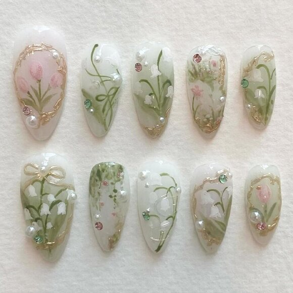 Green Press on Nails Medium Almond Fake Nails with 3D Pearl Rhinestones Designs - Picture 1 of 7
